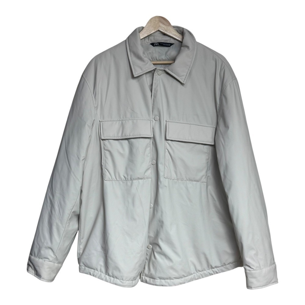 Zara Mens XL Padded Shirt Jacket Coat Overshirt Button Front‎ Pockets Beige
